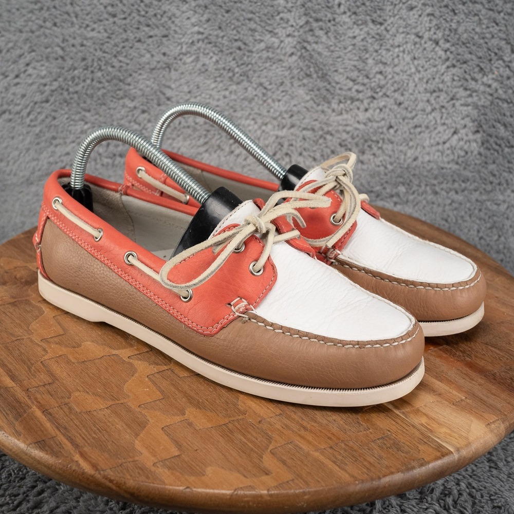 Brooks Brothers Boat Shoes Womens 9 Coral Tan White Good Preppy Leather 5229
